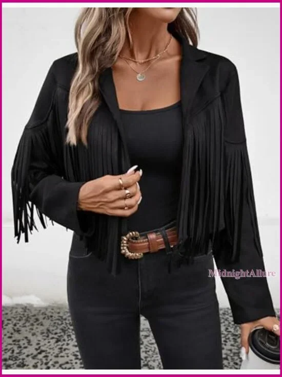 Faux Suede Cropped Jacket with Fringe Tassels, Western Style, Lined - Picture 6 of 7